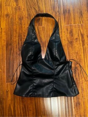 Zara Black Faux Leather V-Neck Halter Top - Size S
